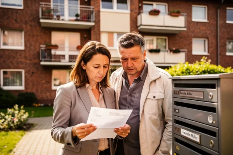 Besorgtes Paar liest einen Brief vor dem Briefkasten eines Mehrfamilienhauses
