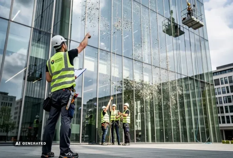 Vorarbeiter weist Team bei Reinigungsarbeiten an einer Glasfassade an.