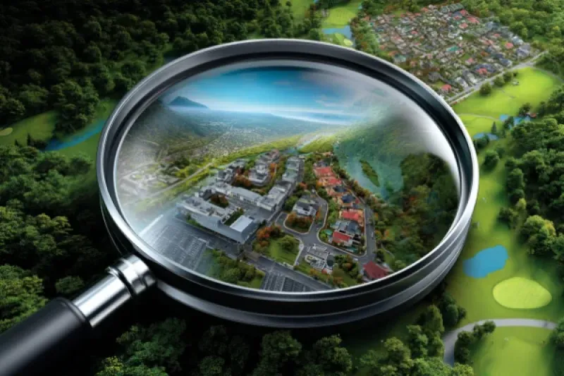 Landschaftskarte durch eine Lupe betrachtet