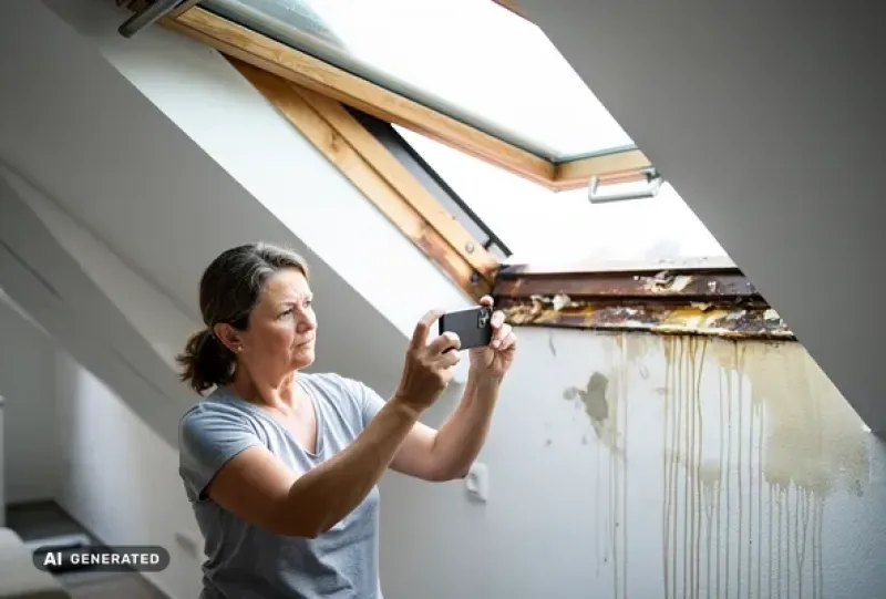 Eine Frau fotografiert mit ihrem Handy ein marodes Dachfenster