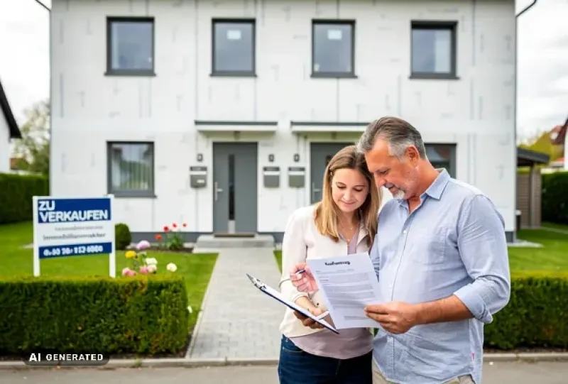 Ein Ehepaar steht vor einem sanierten deutschen Zweifamilienhaus mit zwei getrennten Hauseingängen und Klingelschildern