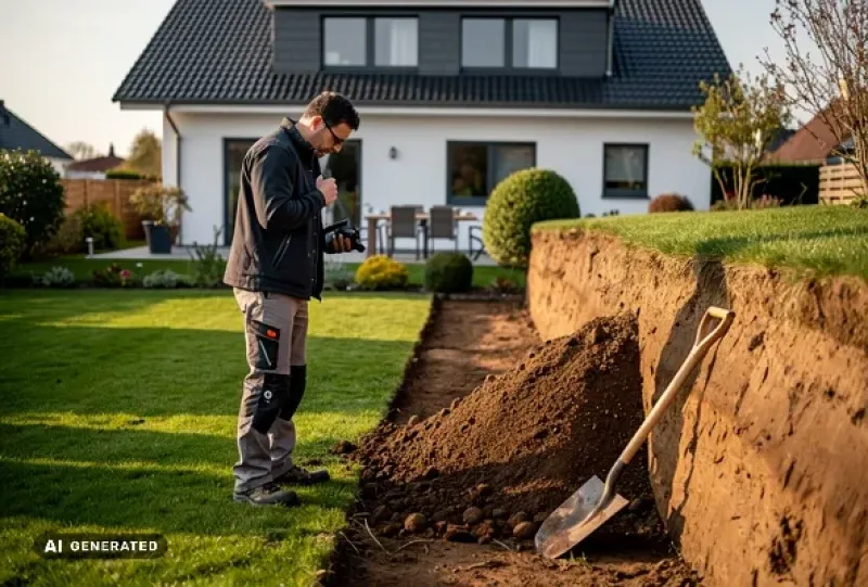 Mann steht vor einem Aushub im Garten seines Hauses