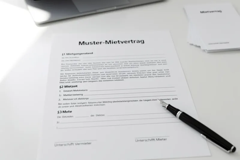 Ein Mustermietvertrag liegt auf einem hellen Schreibtisch