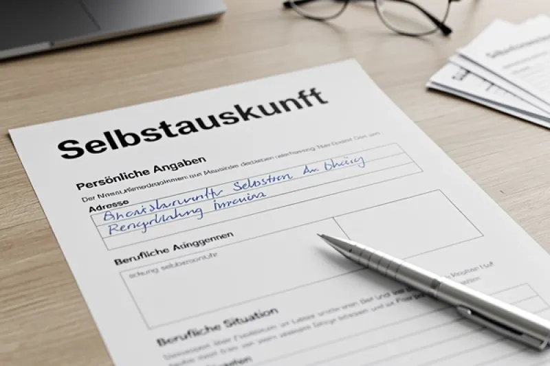 eine Selbstauskunft, halb ausgefüllt, auf einem Schreibtisch