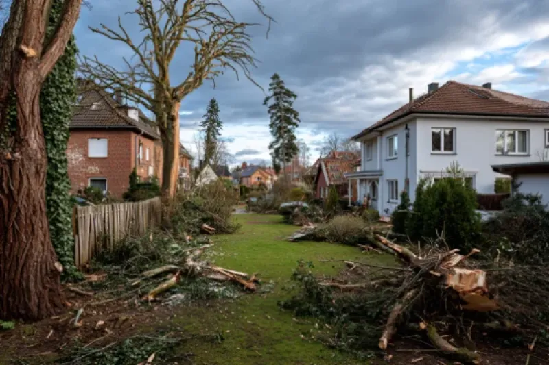 Garten mit stark gestutzten Bäumen