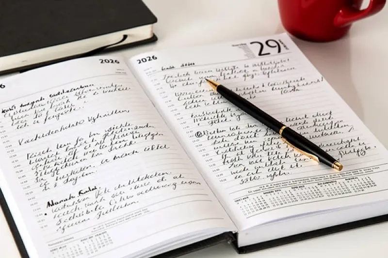 Aufgeschlagener Tageskalender mit Notizen