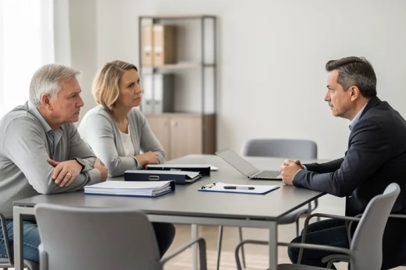 Ein Ehepaar sitzt einem Hausverwalter in einem kleinen Büro gegenüber
