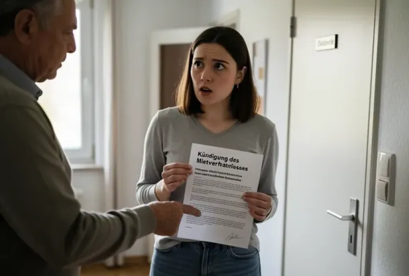 Vermieter überreicht im Hausflur eine Kündigung an eine junge Mieterin