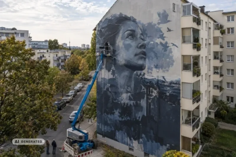 Eine Streetart-Künstlerin auf einer Hubarbeitsbühne bemalt die Giebelwand eines hellen deutschen Wohnhochhauses.