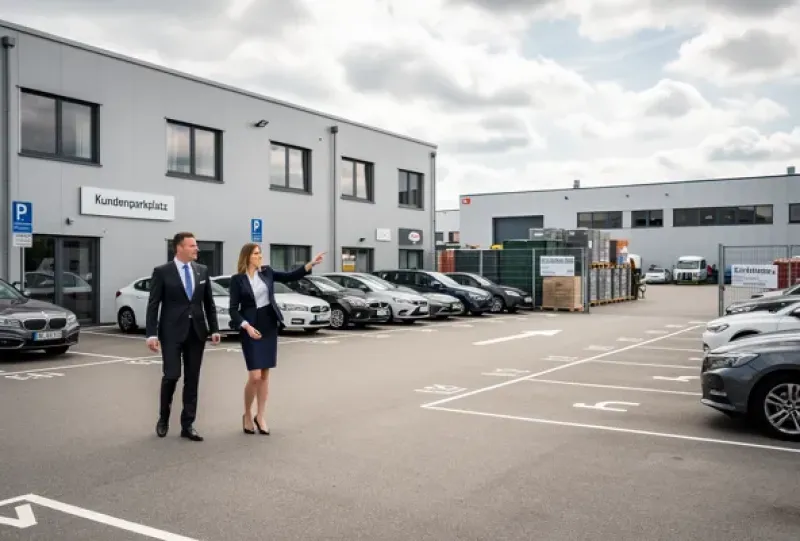 Ein Mann und eine Frau laufen über den Parkplatz eines Gewerbegeländes