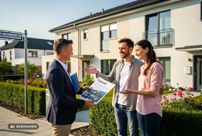 Makler steht mit einem Ehepaar vor einem Mehrfamilienhaus