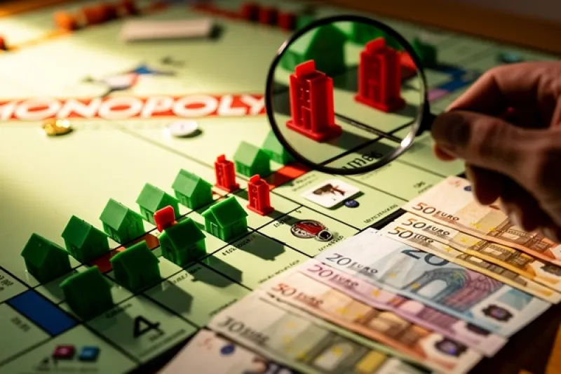 Symbolbild: Monopolyspiel mit Häusern mit einer Lupe betrachtet