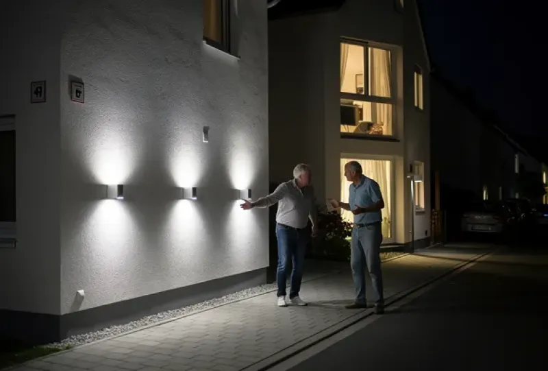 Zwei Nachbarn stehen neben einer helle Außenbeleuchtung an einem Haus