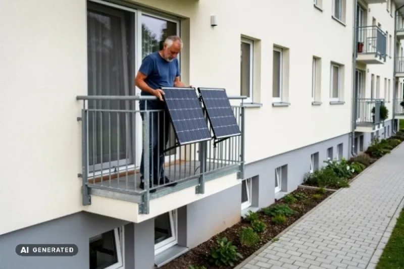 Ein Mann montiert Solarpaneele an sein Balkongeländer