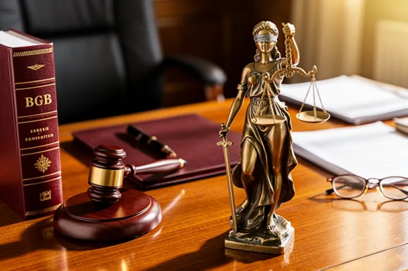 Justitia und Richterhammer auf einem Schreibtisch