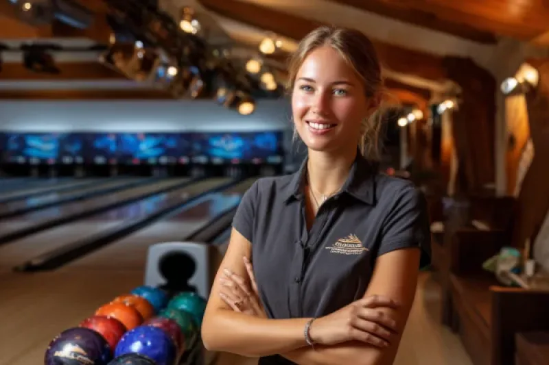 junge Angestellte in Berufskleidung, im Hintergrund eine Bowlingbahn