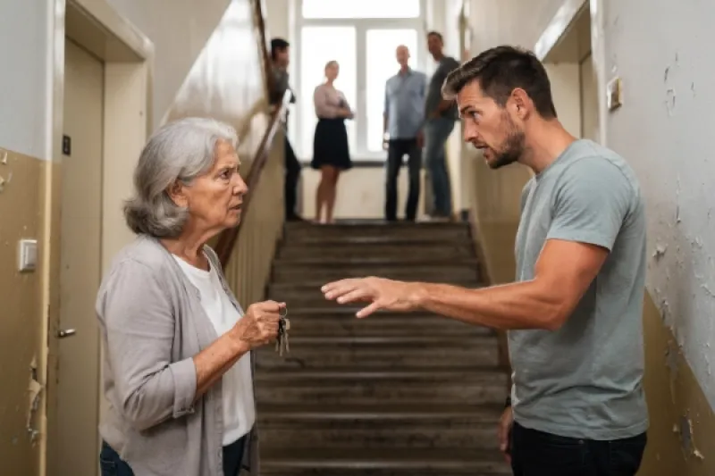 Zwei Männer streiten im Hausflur um einen Wohnungsschlüssel