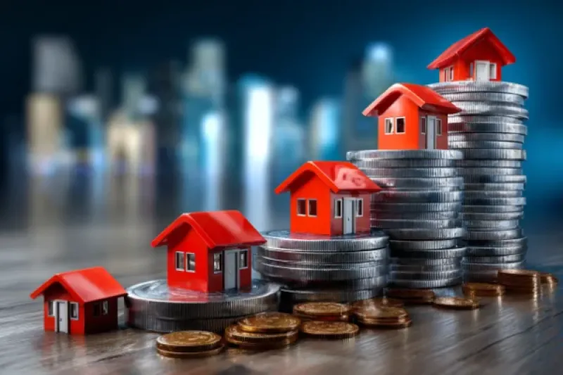 Kleine Häuser stehen auf ansteigenden Münzstapeln