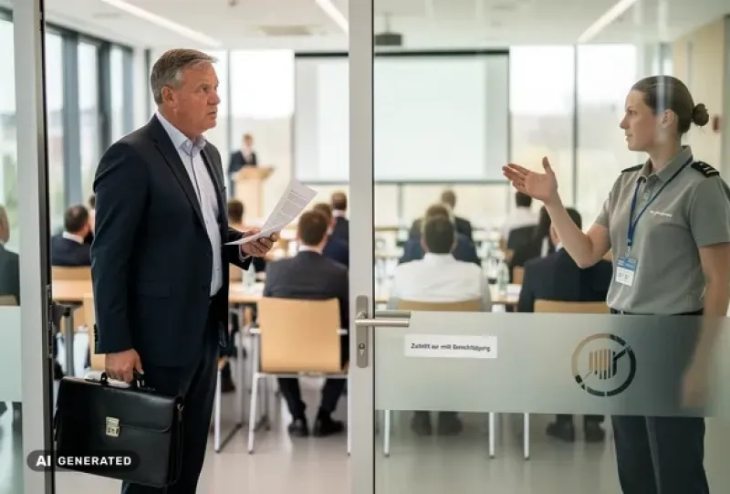 Ein Businessmann wird am Eingang zu einem Versammlungsraum abgewiesen