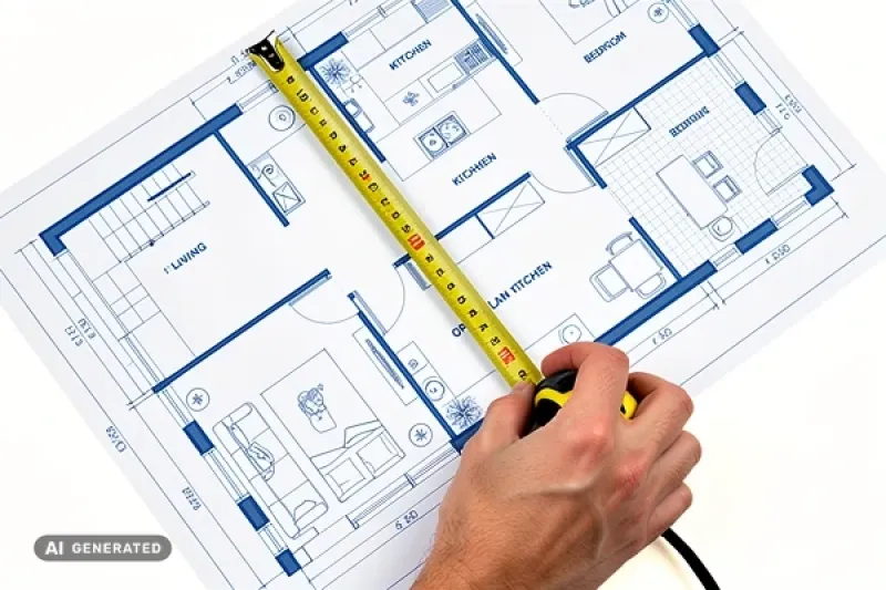 Hand mit einem Maßband auf einem Wohnungsgrundriss