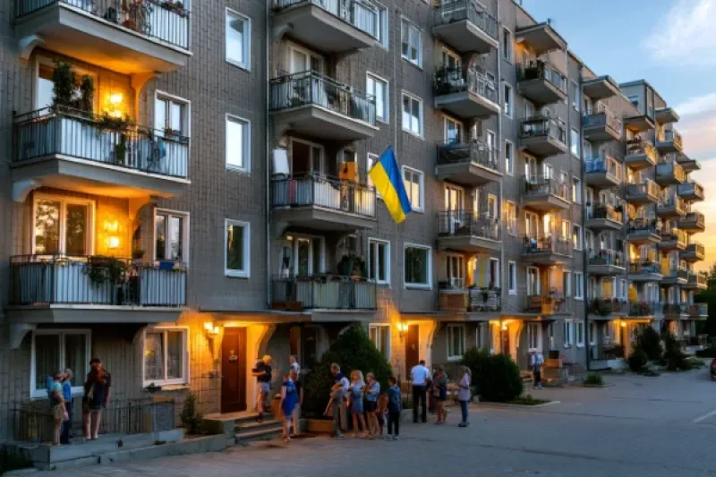 Mehrfamilienhaus mit Balkonen, auf einem Balkon weht eine ukrainische Flagge