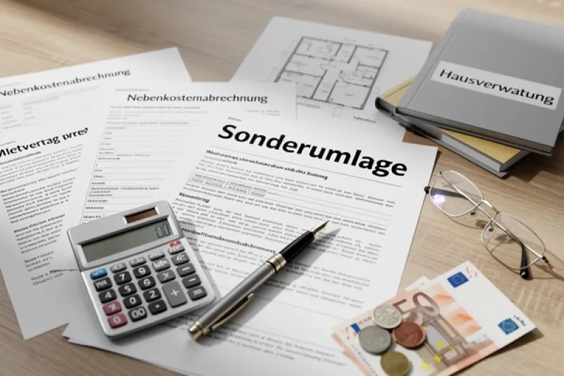 Schreiben über einen Sonderumlage neben anderen Unterlagen auf einem Schreibtisch