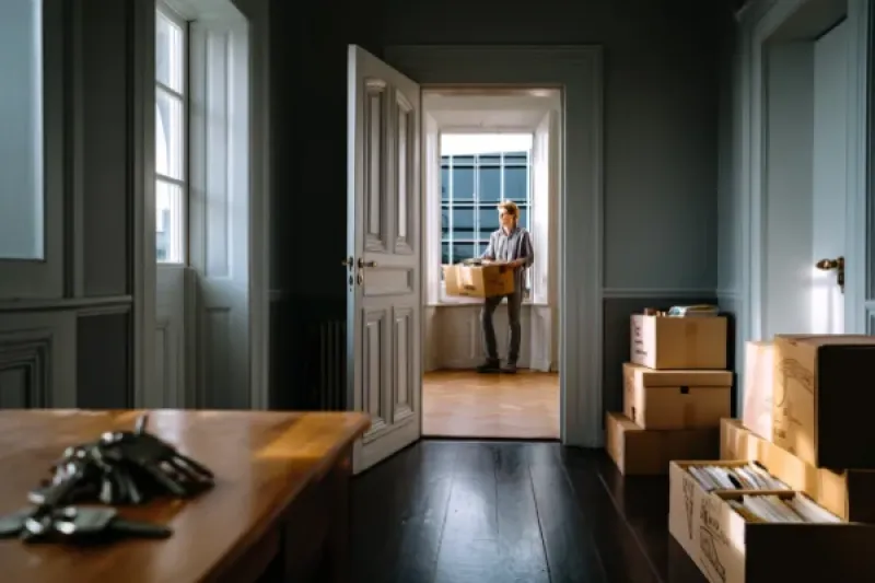 Wohnung mit Umzugskartons, im Hintergrund ein Mann der einen Karton trägt