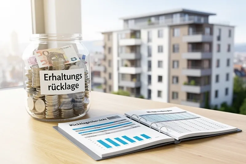 Glas mit der Aufschrift "Erhaltungsrücklage" auf einem Schreibtisch, das Glas ist mit Münzen gefüllt.