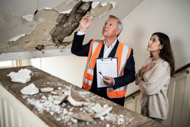 Ein Mann inspiziert mit einer jungen Mieterin die defekte Decke im Treppenhaus eines Altbaus
