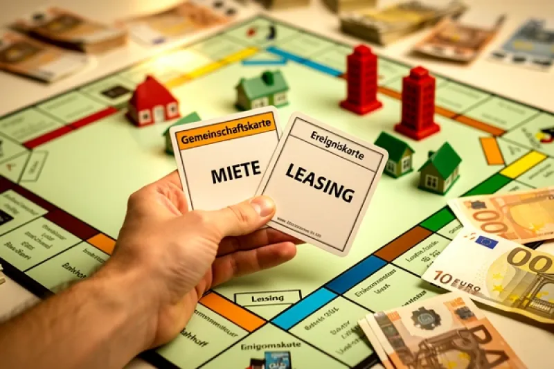 Eine Hand hält vor einem Monopoly-Spiel zwei Ereigniskarten in der Hand die mit Miete und Leasing beschriftet sind