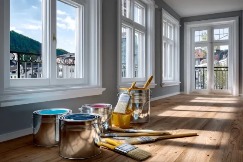 moderne Wohnung mit frisch gestrichenen Fernstern, Farbtöpfe stehen vor den Fenstern