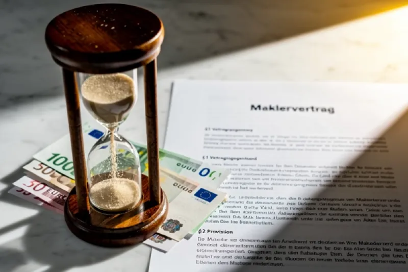 Symbolbild: Sanduhr steht auf einem Maklervertrag