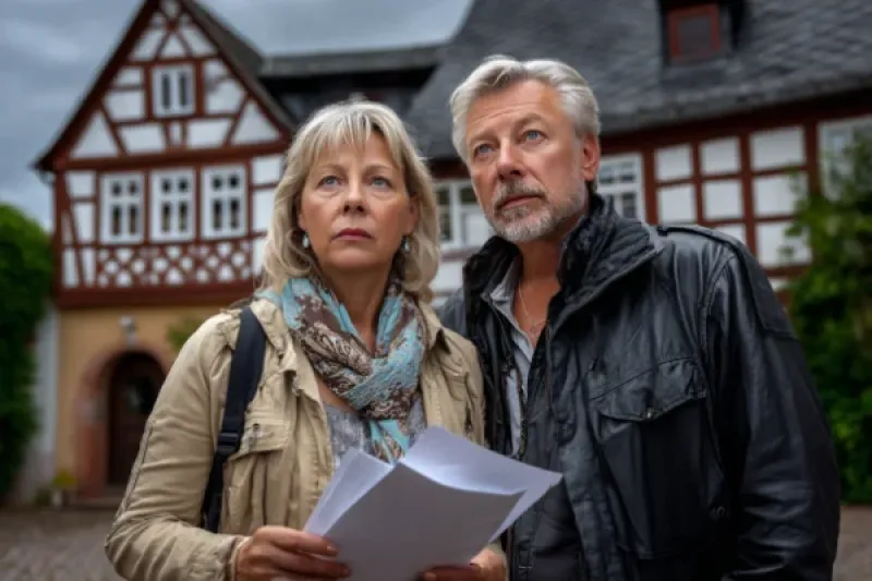 Ehepaar steht vor einem ländlichen Einfamilienhaus mit Unterlagen in der Hand
