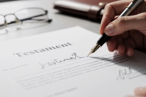 Eine Hand die ein Testament unterschreibt
