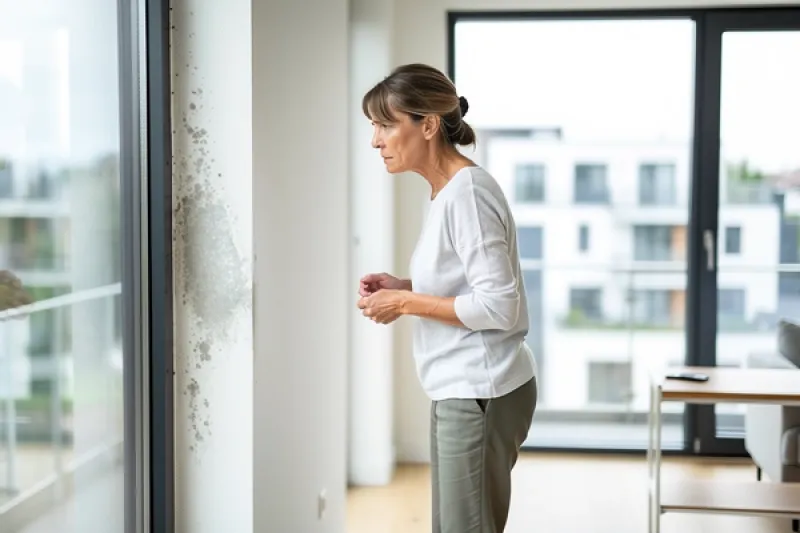 Frau steht neben einem Schimmelfleck am Fenster ihrer Mietwohnung