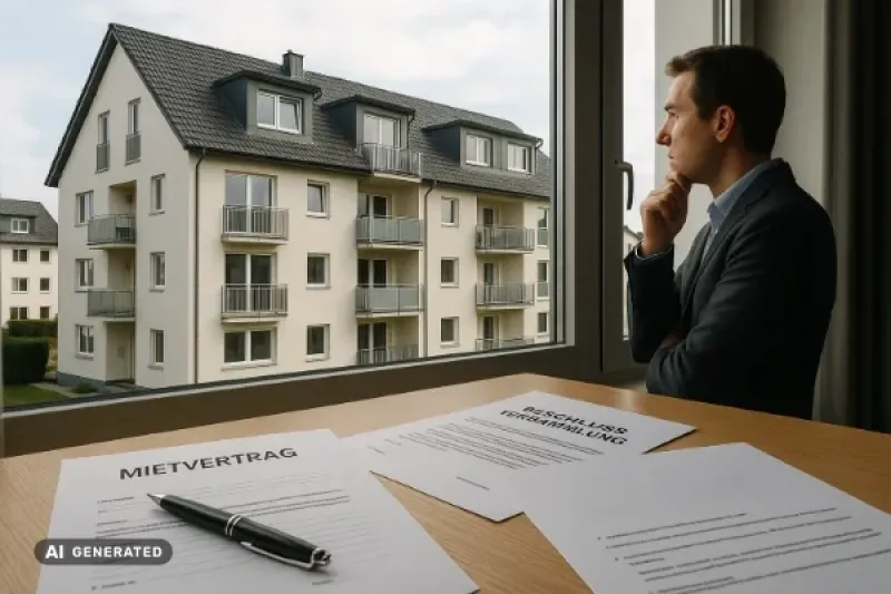 Mann schaut aus dem Fenster auf ein Mehrfamilienhaus