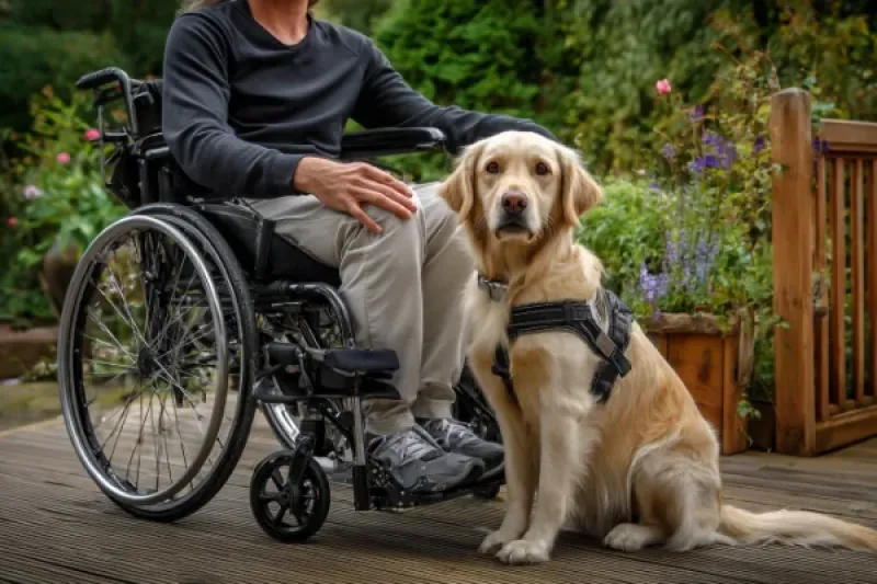Therapiehund sitzt neben einem Rollstuhlfahrer in einem Garten.