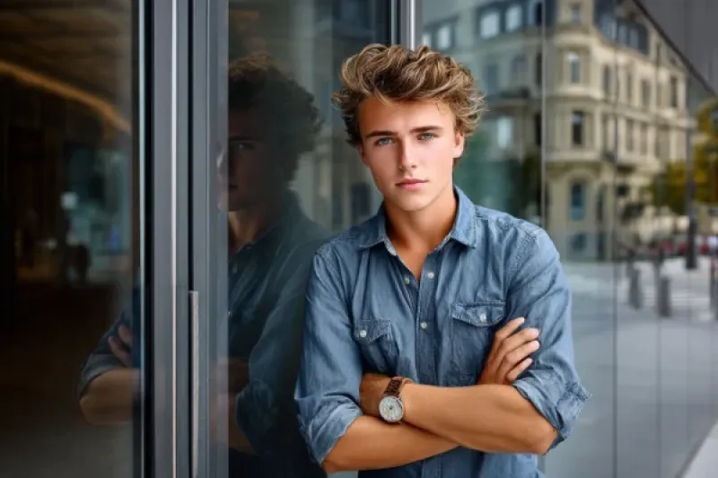 Junger Mann steht mit verschränkten Armen vor einer verschlossenen Haustür