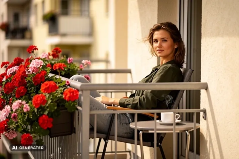 Junge Frau auf einem Balkon mit einer Tasse Kaffee