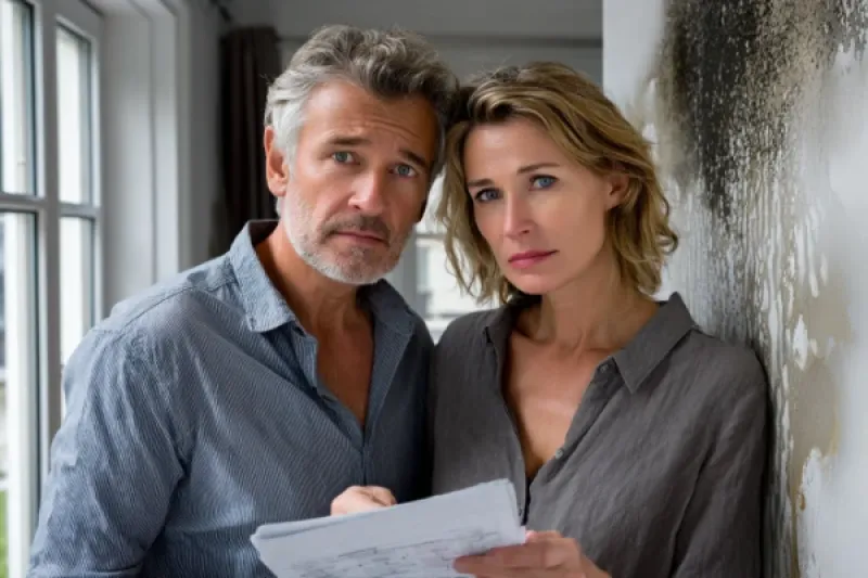 Paar mittleren Alters steht vor eine Wand mit Feuchtigkeitsschaden