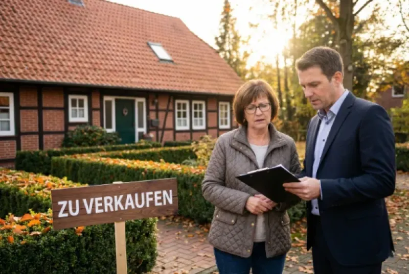 Ein Mann und eine Frau stehen mit Unterlagen vor einem Haus mit einem Verkaufsschild