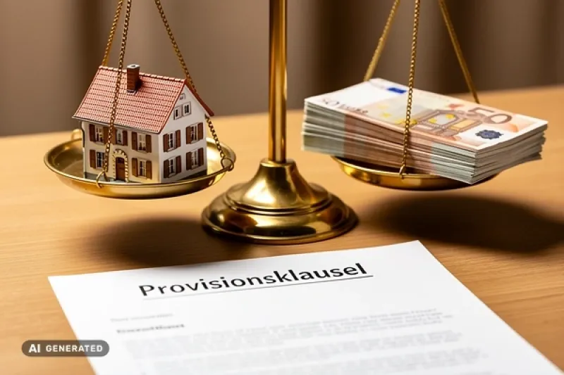 Symbolbild: Waage mit einem Haus und einem Stapel Geldscheinen auf der Waagschale. Im Vordergrund eine Papier mit der Überschrift "Provisionsvereinbarung"