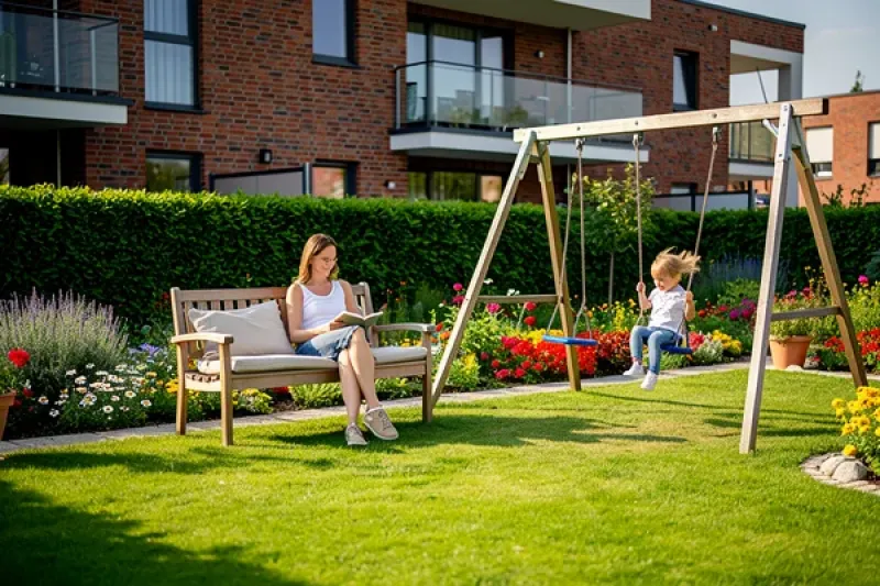 Junge Mutter sitzt auf einer Gartenbank und schaut ihrem Kind beim schaukeln zu