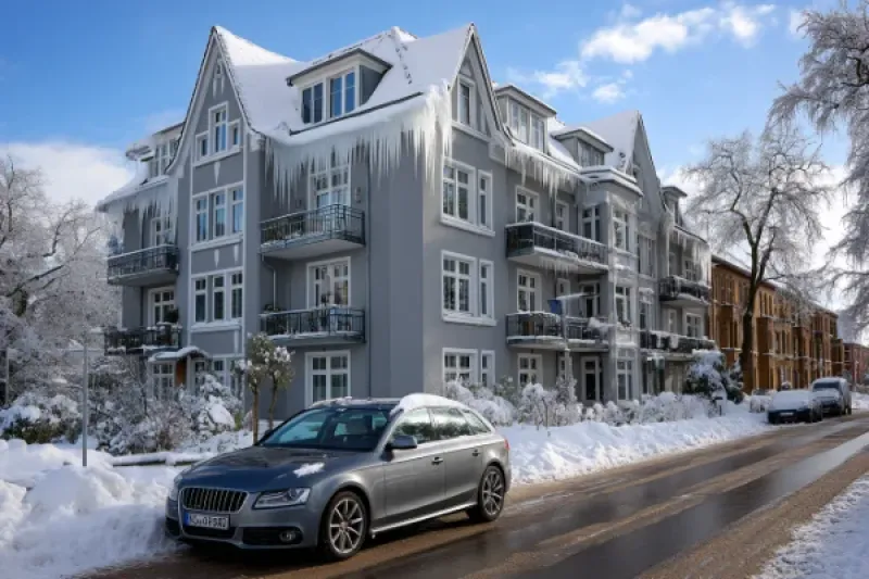 schneebedecktes Auto, im Hintergrund ein Mehrfamilienhaus