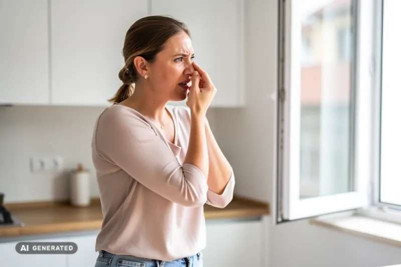 Junge Frau steht vor einem Fenster und hält sich die Nase zu