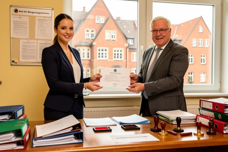 ein Beamter übergibt in seinem Amtsbüro einer jungen Maklerin eine Erlaubnisurkunde
