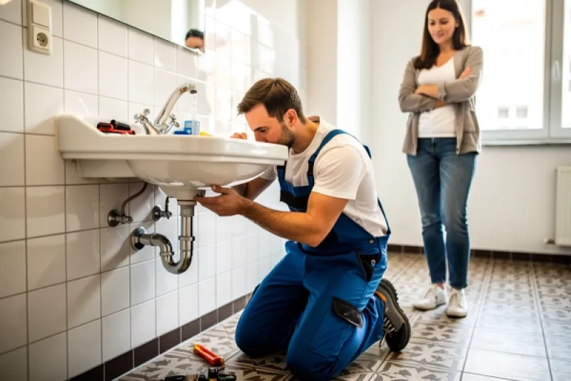Ein Handwerker repariert den Abfluss eines Waschbeckens, eine junge Frau beobachtet ihn