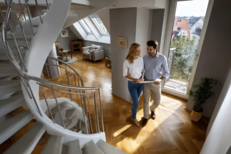 Paar in einer Dachgeschosswohnung mit einer Wendeltreppe