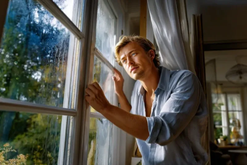 Junger Mann steht an einem feuchten Wohnungsfenster