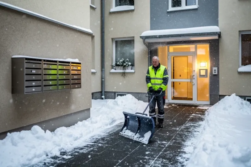 Hausmeister kehrt Schnee vor einem Mehrfamilienhaus